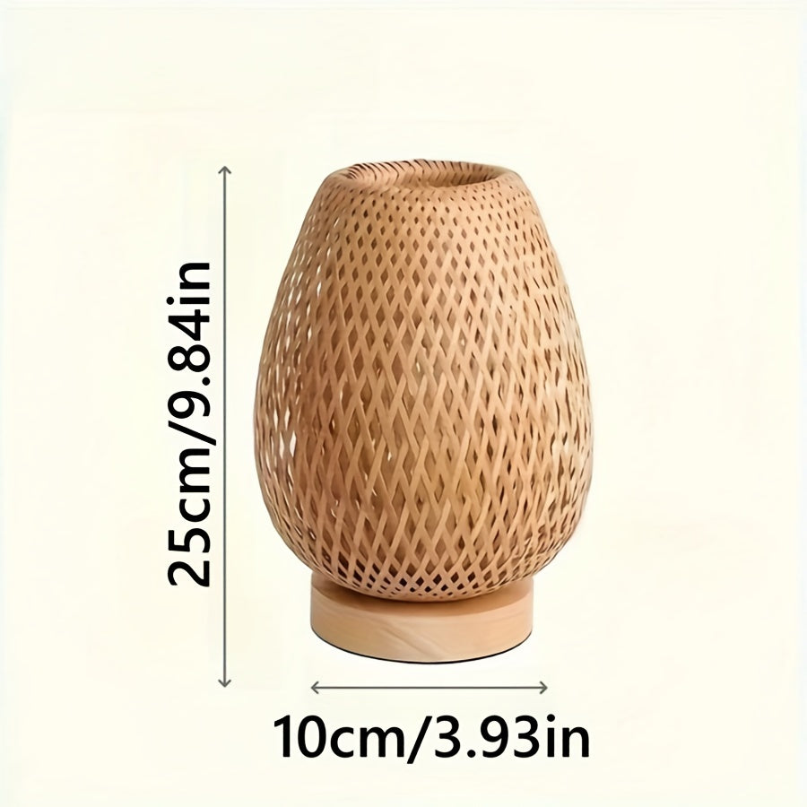 Handmade Bamboo Woven Bedside Lamp | Dimmable USB Table Light With A Natural Solid Wooden Base