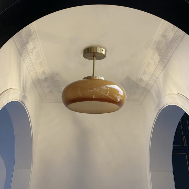 Vintage Brass Yellow Glass Ceiling Light | Semi Flush Mount In Two Warm Toned Metal Finishes