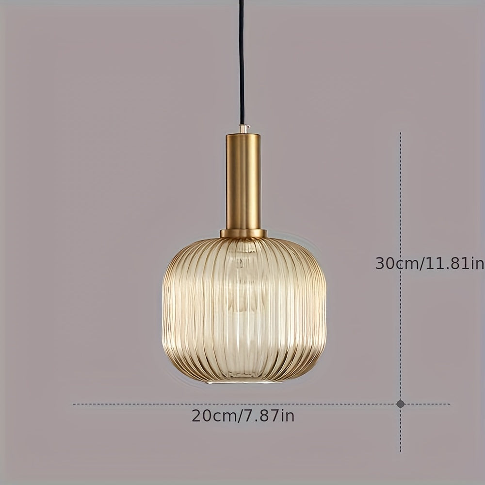 Modern Striped Glass Pendant Light | Brass and Ribbed Glass Shade Ceiling Lamp For Kitchens