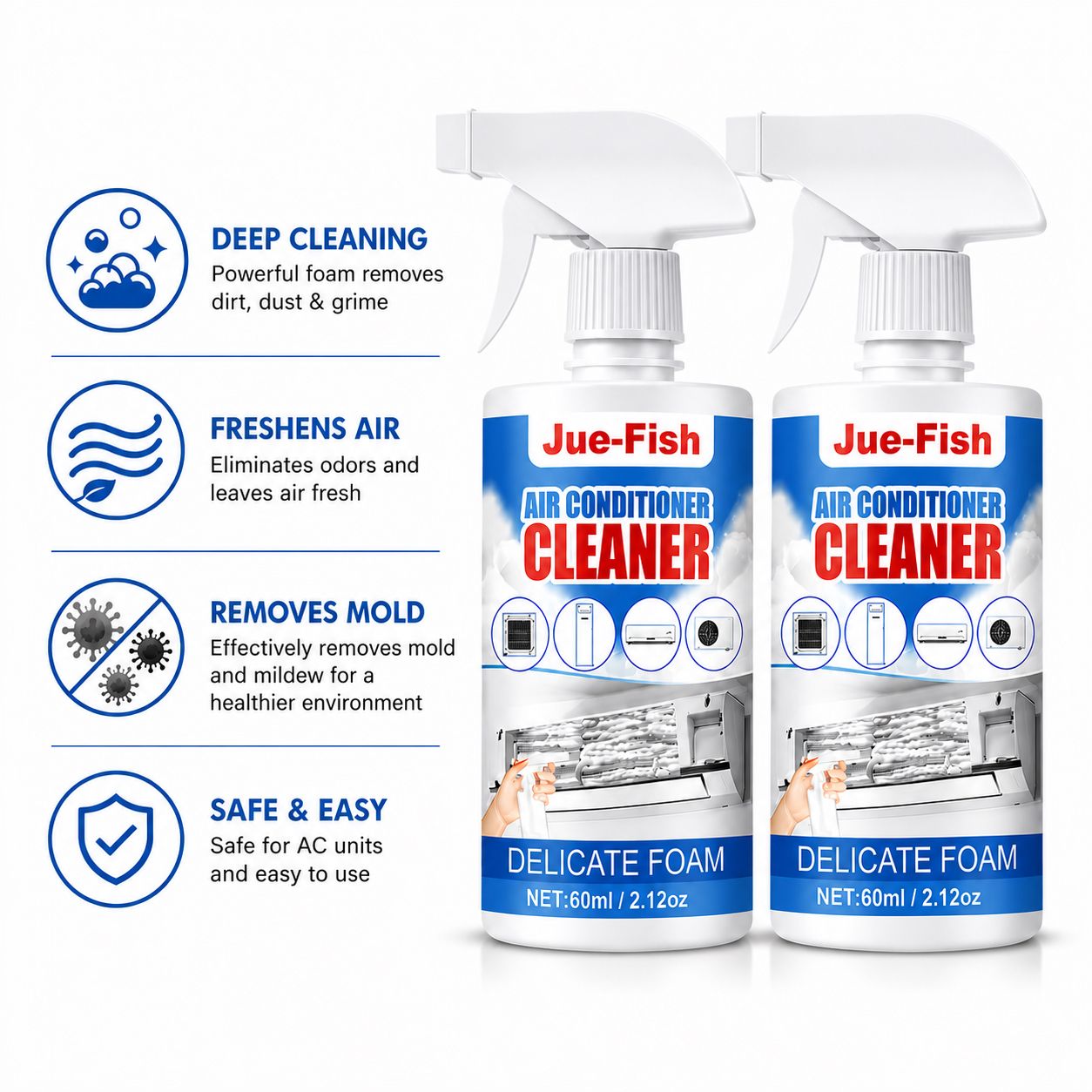 Air Conditioner Cleaner Foam Spray | 2 Bottle Coil and Fin Cleaner For Odour Free AC Units