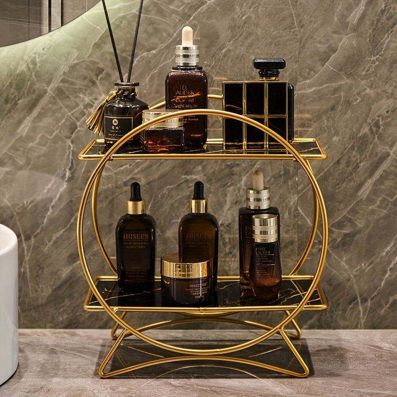 Double Tiered Bathroom Organiser | Stylish Metal Cosmetic And Skincare Shelf With Cat Ear Base