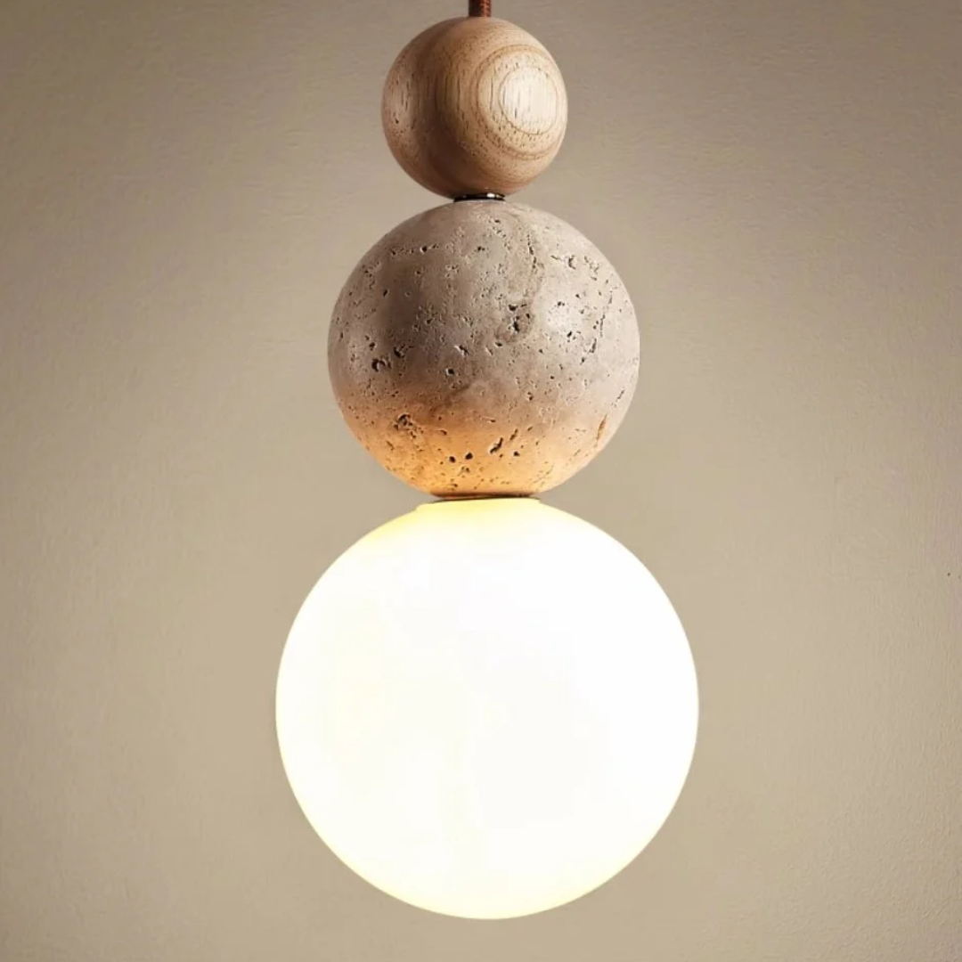 Travera Pendant Light | Travertine, Wood And Glass Hanging Lamp In Natural Wood or Walnut Timber