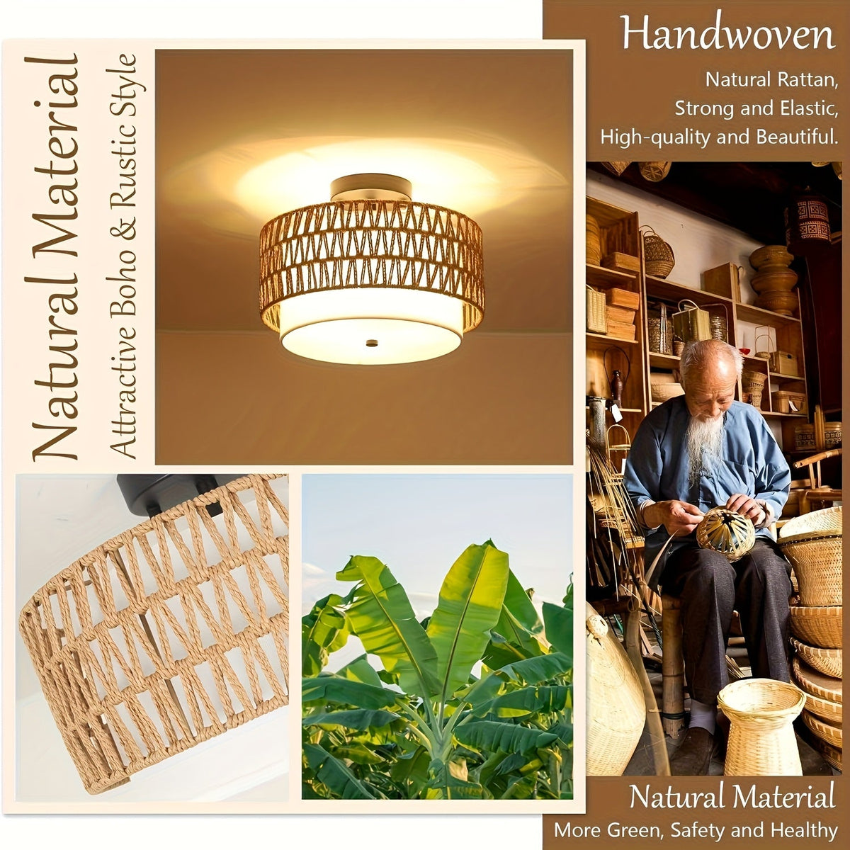 Boho Rattan Ceiling Light | Semi Flush Mount With A Woven Outer Shade and Linen Inner Diffuser