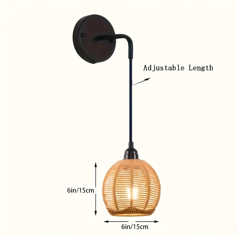 Boho Rattan Wall Lamp | Handwoven Shade Bedside and Living Room Sconce In Black Polished Metal