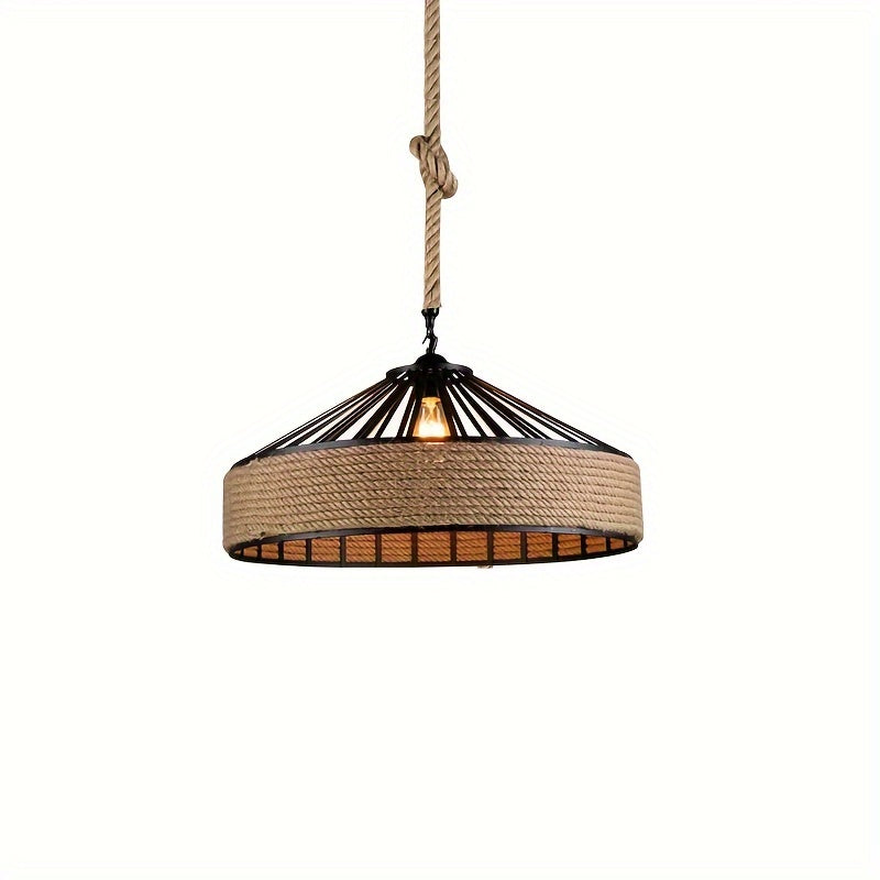 Rustic Hemp Rope Pendant Light | Vintage Farmhouse Woven Metal Ceiling Lamp, 30 cm Diameter
