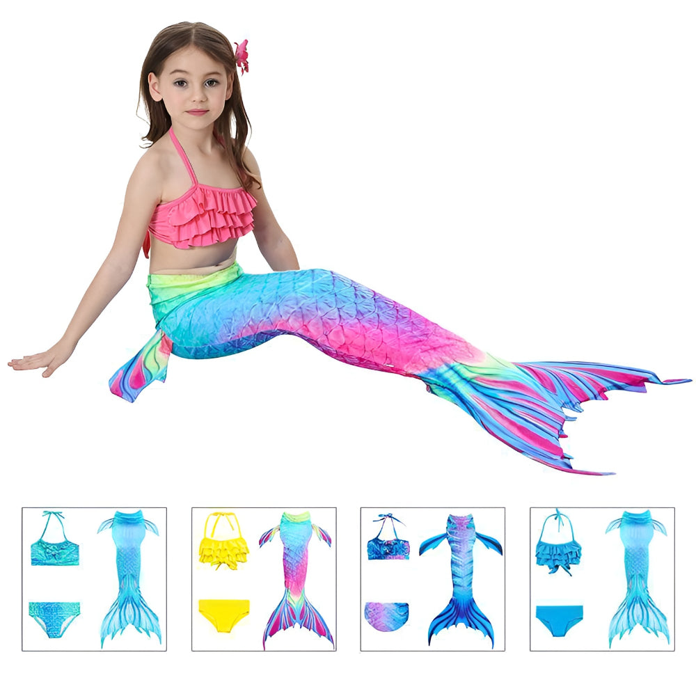 Girls Mermaid Tail Swimsuit Set | Three Piece Swim Costume For Supervised Pool Dress Up Play