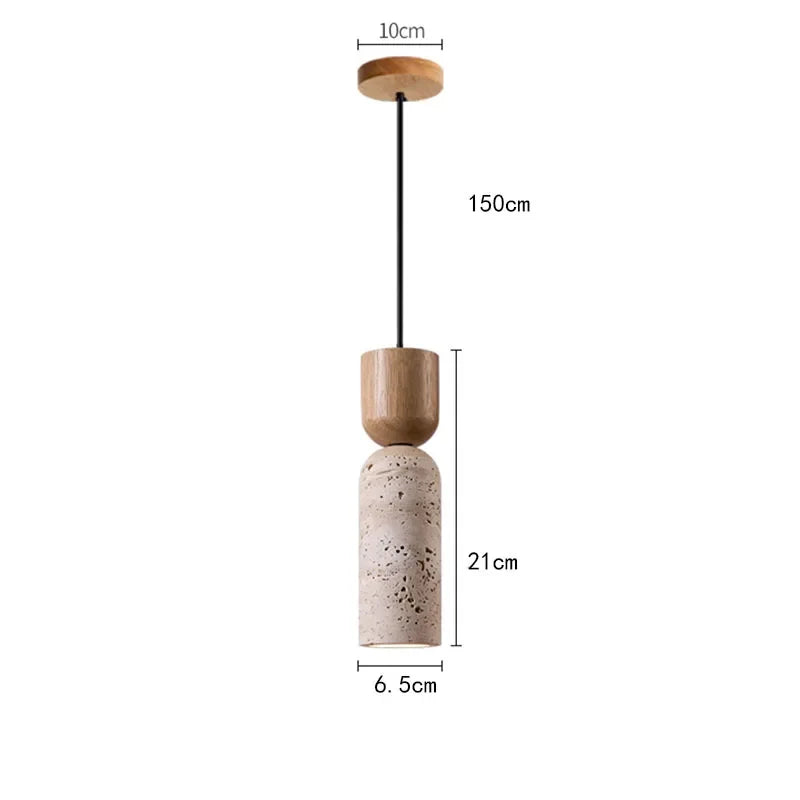 Wabi Sabi Travertine and Wood Pendant Light | Japanese Minimalist Stone Bedside Hanging Lamp