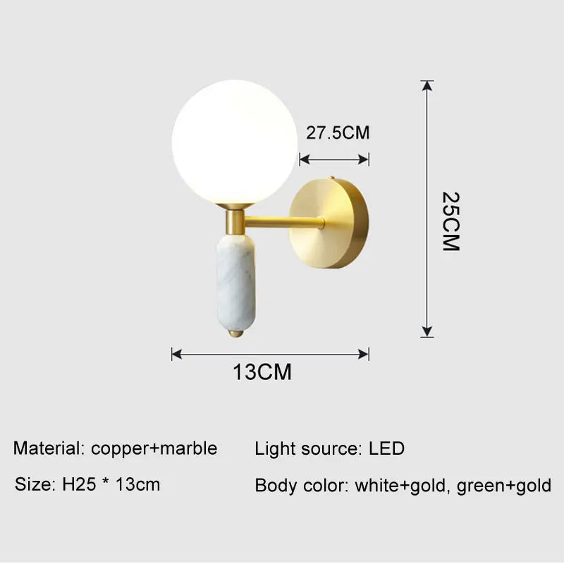 Marble and Glass Wall Lamp | Gold Finish Modern Sconce With A Frosted Glass Globe Diffuser