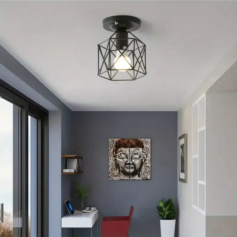 Modern Geometric Ceiling Light | Metal Cage Design Flush Mount In A Gold or Black Metal Finish
