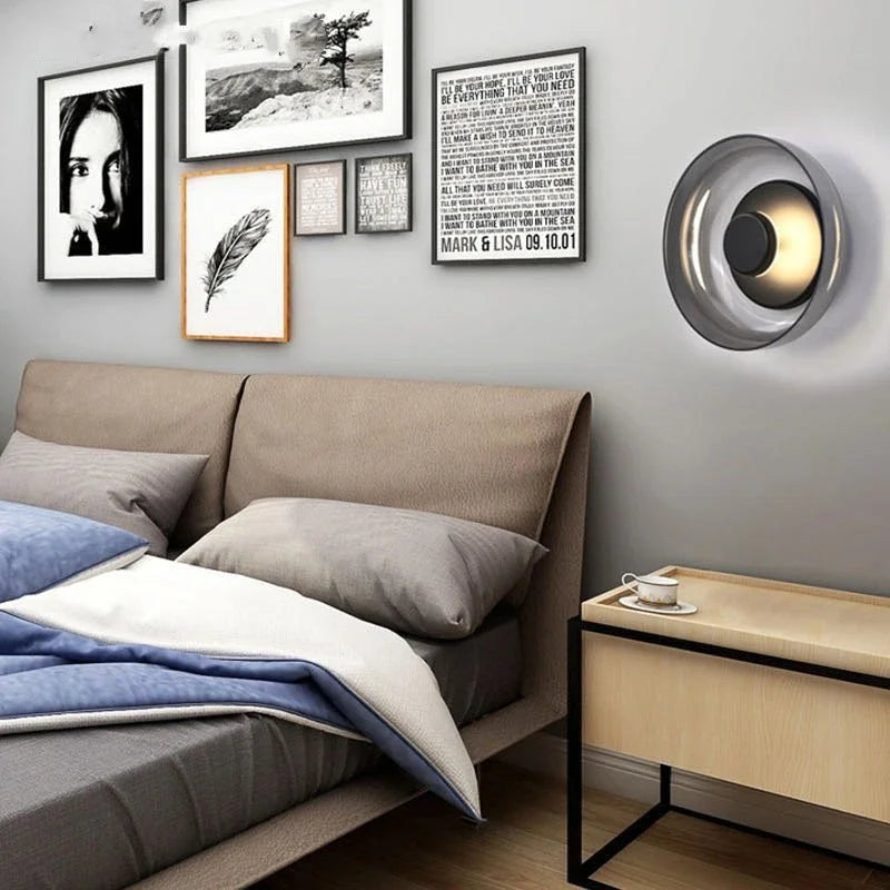Nordic Glass LED Wall Sconce | Modern Round Decorative Wall Light In Smoke Grey or Amber Glass