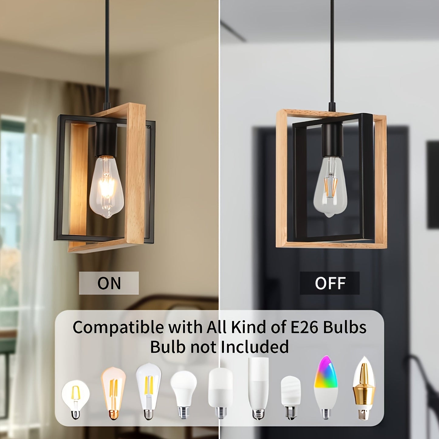 Industrial Pendant Ceiling Light | Modern Minimalist Geometric Open Frame In Metal or Wood