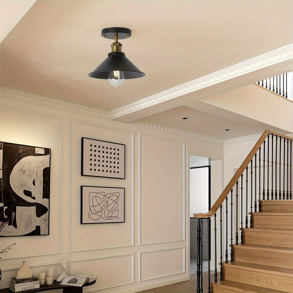 Industrial Black Semi Flush Ceiling Light | Vintage Metal Cone Shade With A Brass Lined Detail