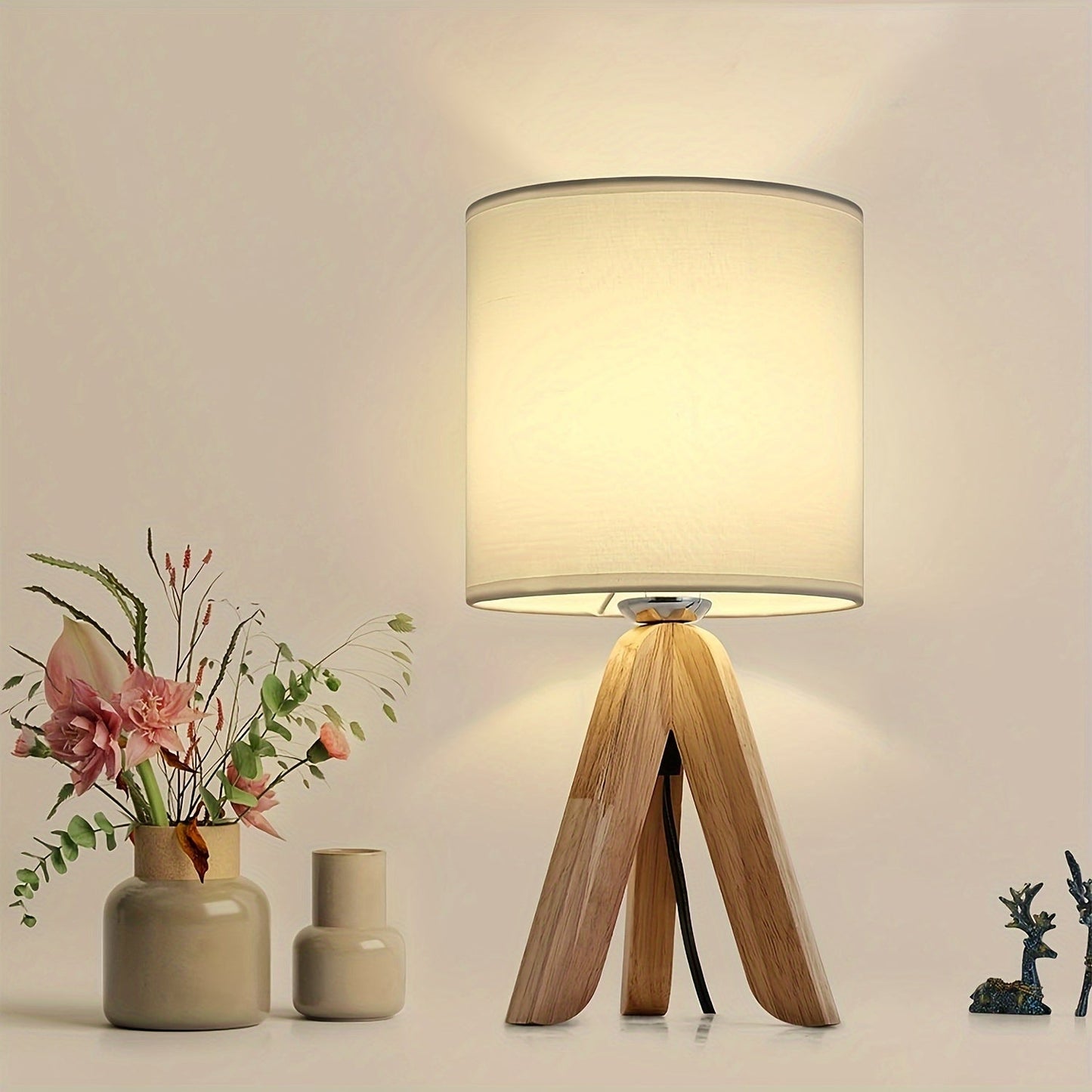 Nordic Wooden Tripod Table Lamp | Fabric Shade Floor Standing Style For Living Room Corners