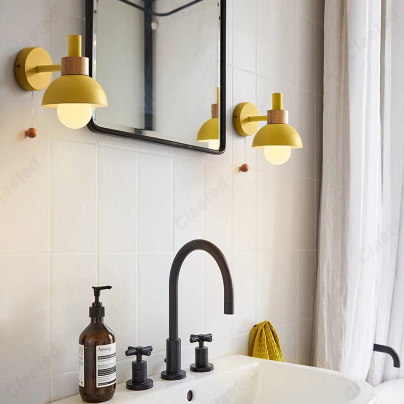 Nordic Wood Accent Wall Lamp | Minimalist Pull Switch Globe Light In Five Soft Macaron Colours