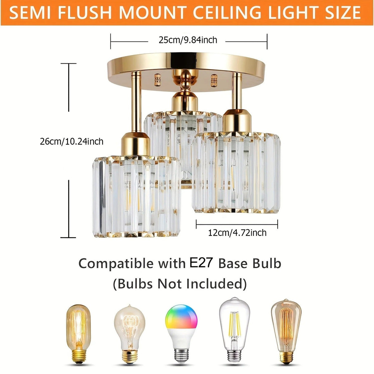 Gold Luxury Crystal Ceiling Light | 3 Light Semi Flush Mount For Bedrooms and Hallway Ceilings