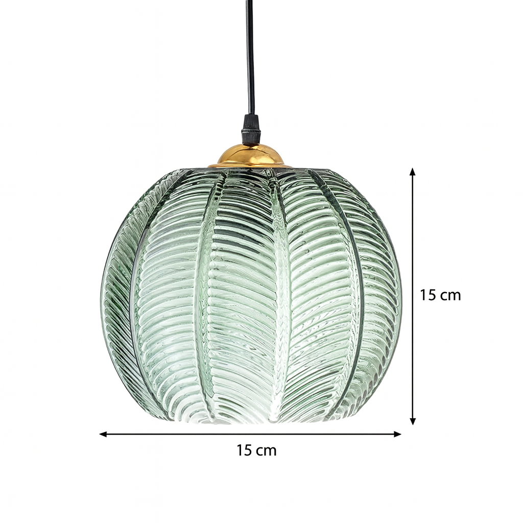Pumpkin Ribbed Glass Pendant Lamp | Retro Green Hanging Light With A Golden Metal Accent Detail