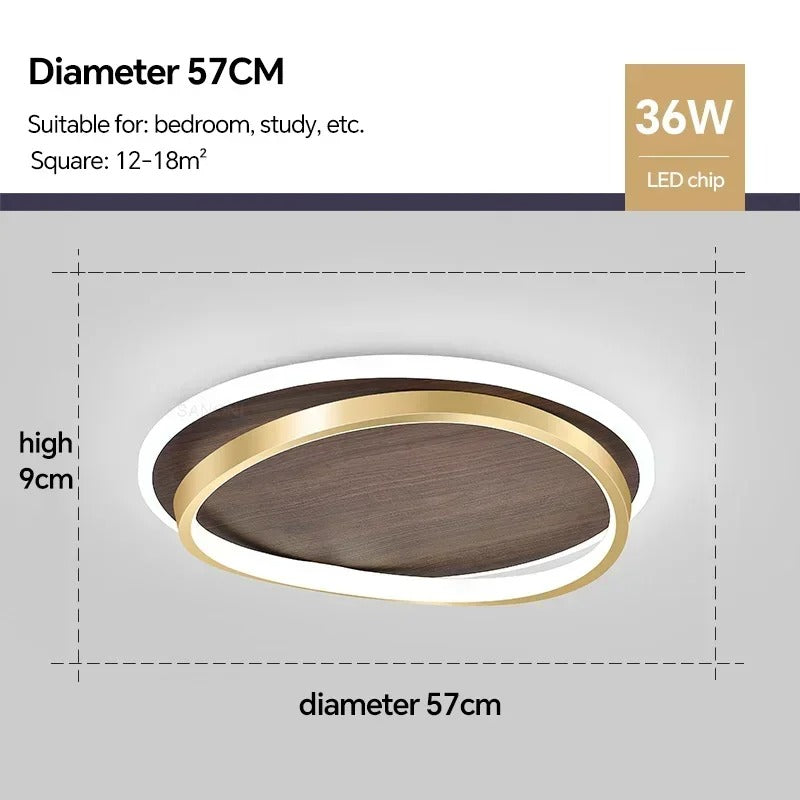 LED Modern Ceiling Lamp | Walnut and Gold Round Design In Three Different Round Panel Sizes