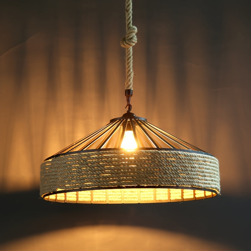 Rustic Hemp Rope Pendant Light | Vintage Farmhouse Woven Metal Ceiling Lamp, 30 cm Diameter