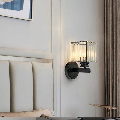 Crystal Wall Light | Modern Glass And Iron Sconce In Black or Gold, In Round or Square Form