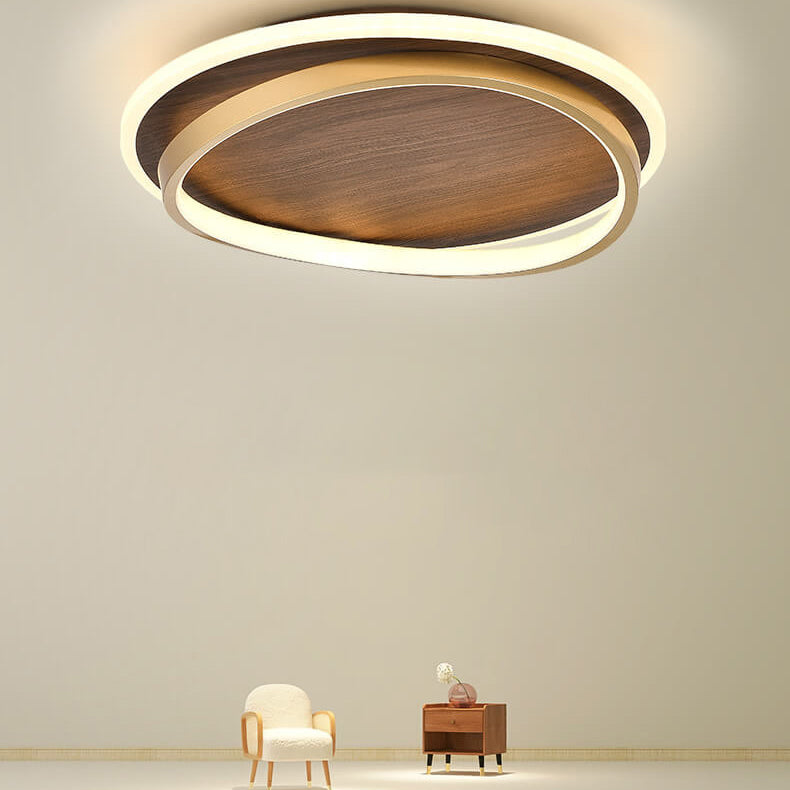 LED Modern Ceiling Lamp | Walnut and Gold Round Design In Three Different Round Panel Sizes