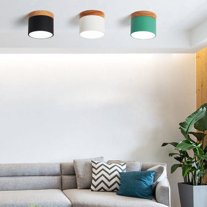 Scandinavian Macaron LED Ceiling Light | Wooden Accent Flush Mount In Seven Soft Macaron Colours