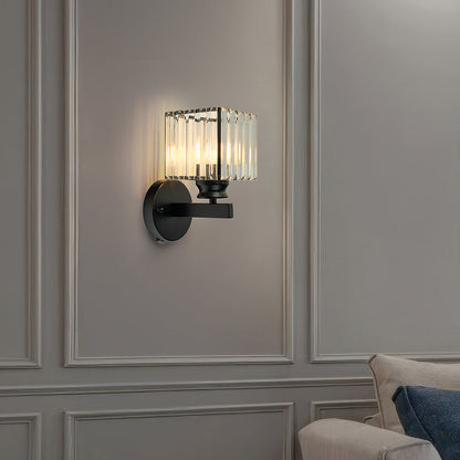 Crystal Wall Light | Modern Glass And Iron Sconce In Black or Gold, In Round or Square Form