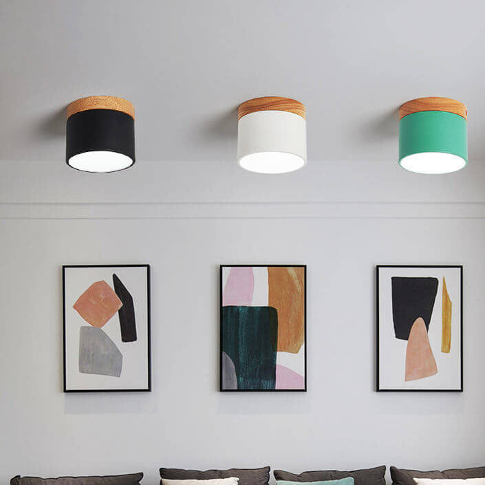 Scandinavian Macaron LED Ceiling Light | Wooden Accent Flush Mount In Seven Soft Macaron Colours