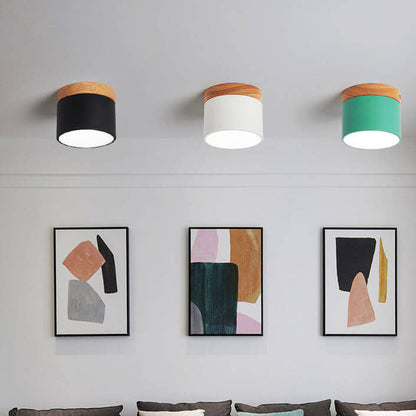 Scandinavian Macaron LED Ceiling Light | Wooden Accent Flush Mount In Seven Soft Macaron Colours