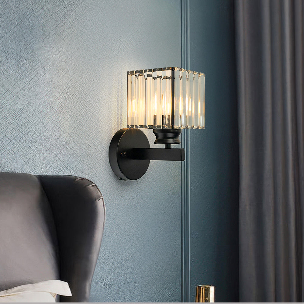Crystal Wall Light | Modern Glass And Iron Sconce In Black or Gold, In Round or Square Form