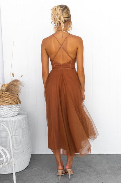 Corset Midi Dress with Tulle Skirt and Spaghetti Straps