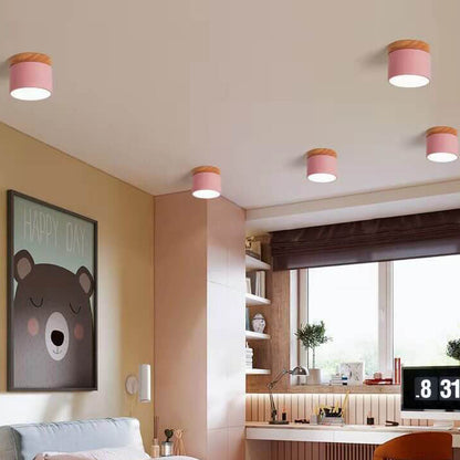 Scandinavian Macaron LED Ceiling Light | Wooden Accent Flush Mount In Seven Soft Macaron Colours