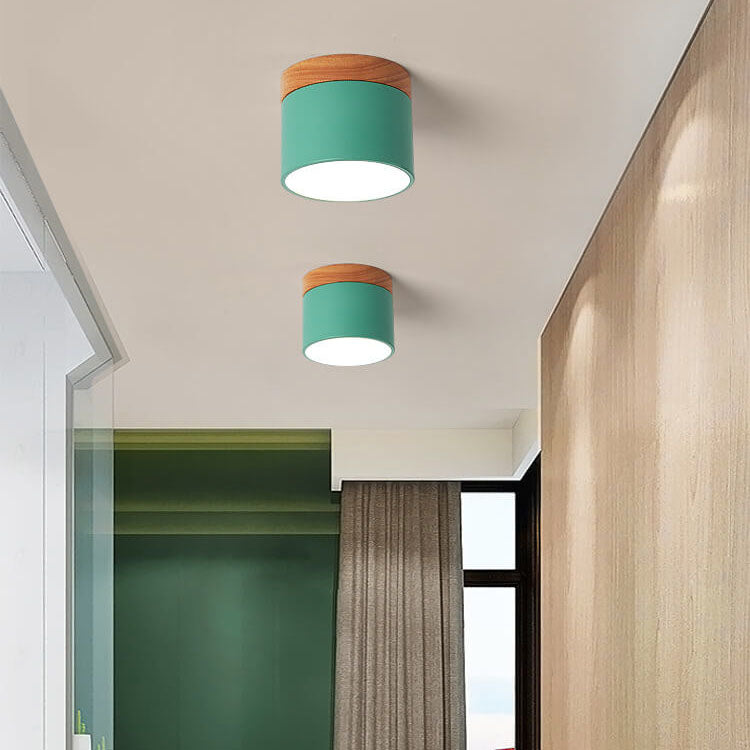 Scandinavian Macaron LED Ceiling Light | Wooden Accent Flush Mount In Seven Soft Macaron Colours