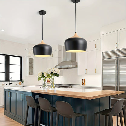 Modern Scandinavian Pendant Light | Iron And Wood Grain Ceiling Lamp In White or Black Finish
