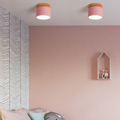 Scandinavian Macaron LED Ceiling Light | Wooden Accent Flush Mount In Seven Soft Macaron Colours
