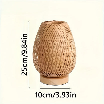 Handmade Bamboo Woven Bedside Lamp | Dimmable USB Table Light With A Natural Solid Wooden Base