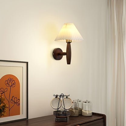 Nordic Wooden Wall Sconce | Retro Bedside Wall Lamp With Pleated Fabric Shade For Bedrooms