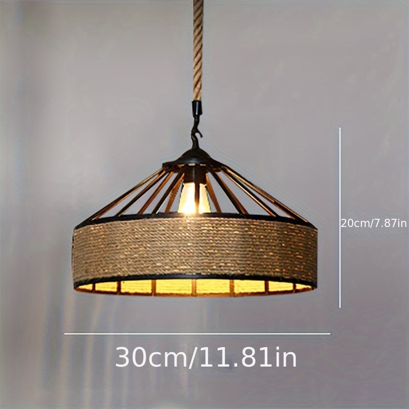 Rustic Hemp Rope Pendant Light | Vintage Farmhouse Woven Metal Ceiling Lamp, 30 cm Diameter