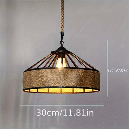 Rustic Hemp Rope Pendant Light | Vintage Farmhouse Woven Metal Ceiling Lamp, 30 cm Diameter