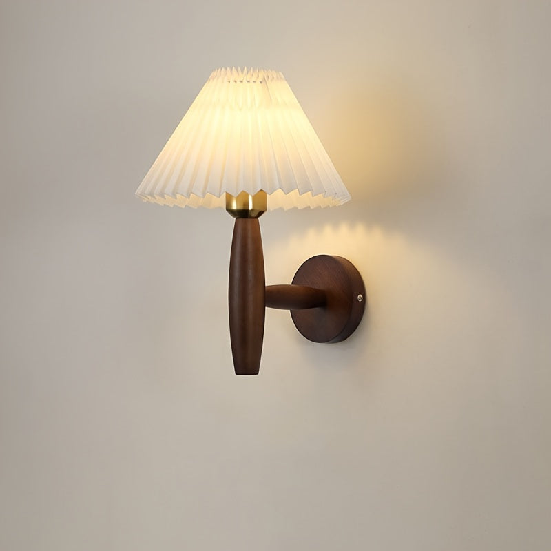 Nordic Wooden Wall Sconce | Retro Bedside Wall Lamp With Pleated Fabric Shade For Bedrooms