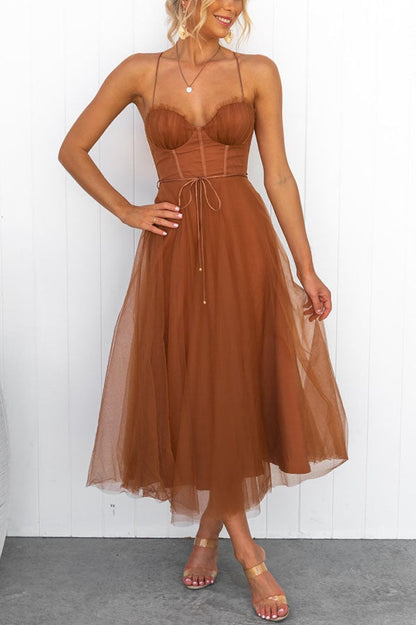 Corset Midi Dress with Tulle Skirt and Spaghetti Straps