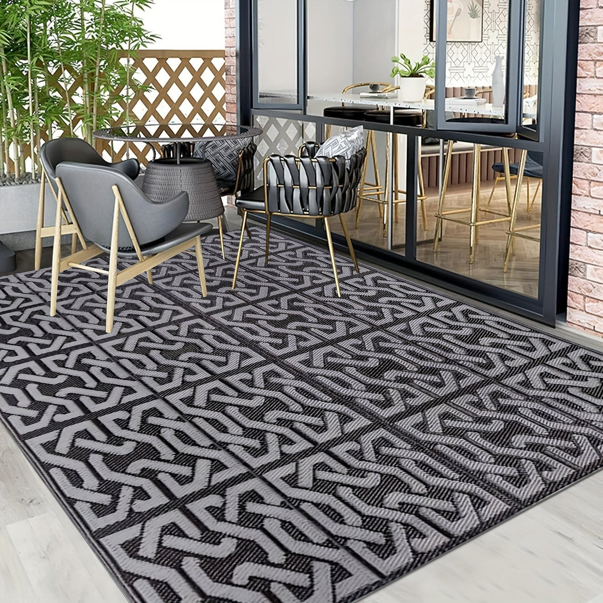 Reversible Outdoor Patio Rug | Black and Grey Weatherproof Mat For Decks, Balconies and Patios