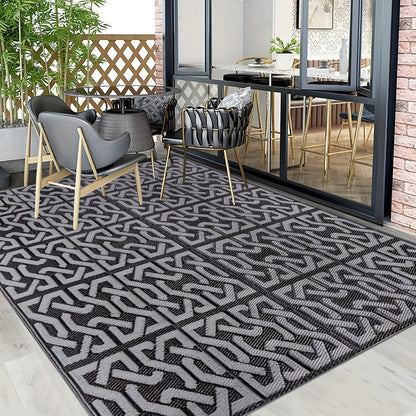 Reversible Outdoor Patio Rug | Black and Grey Weatherproof Mat For Decks, Balconies and Patios