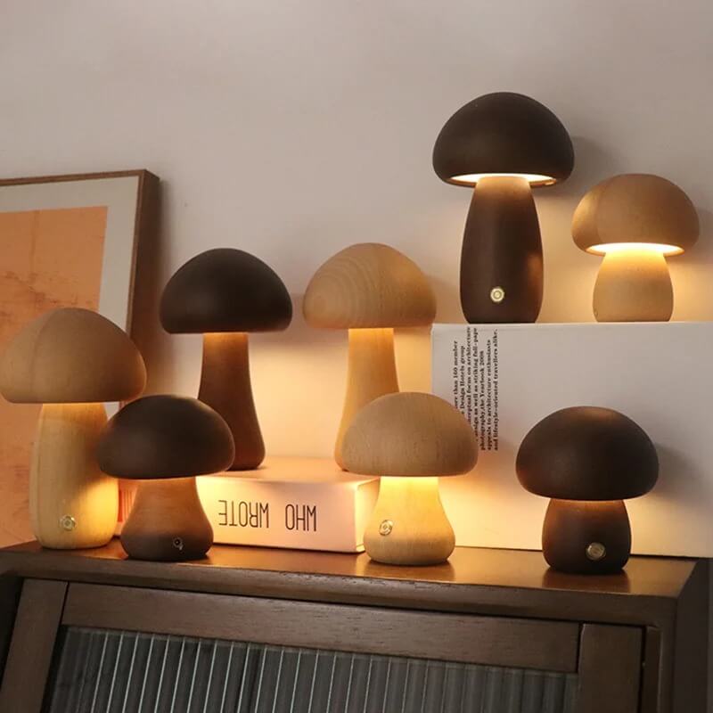 Bolette Mushroom Lamp | Natural Wood Rechargeable Night Light In Two Sizes and Two Timbers