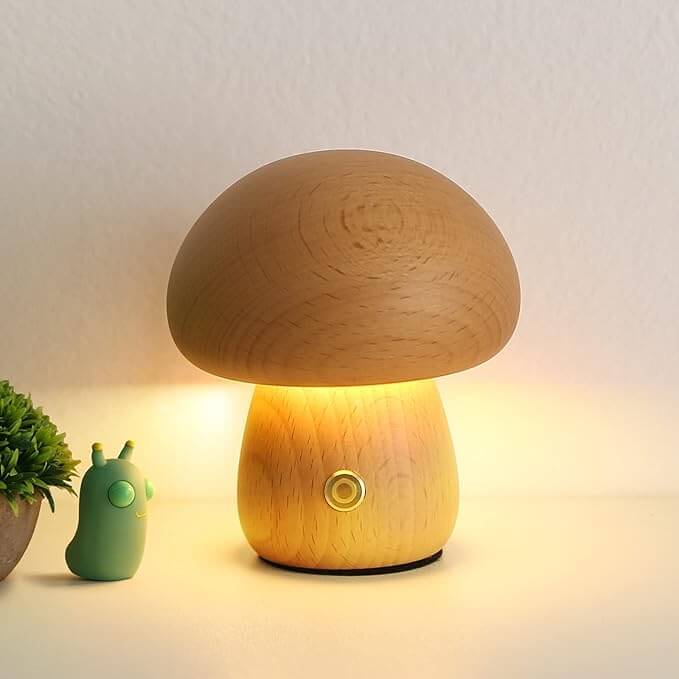 Bolette Mushroom Lamp | Natural Wood Rechargeable Night Light In Two Sizes and Two Timbers
