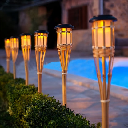 Solar Bamboo Flame Lights 2 Pack | 12 LED Outdoor Solar Garden Lanterns For Paths and Patios