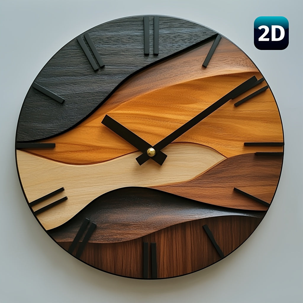 Artistic Round Wall Clock | Nordic Faux Wood Grain Design For Living Rooms, Halls and Studies