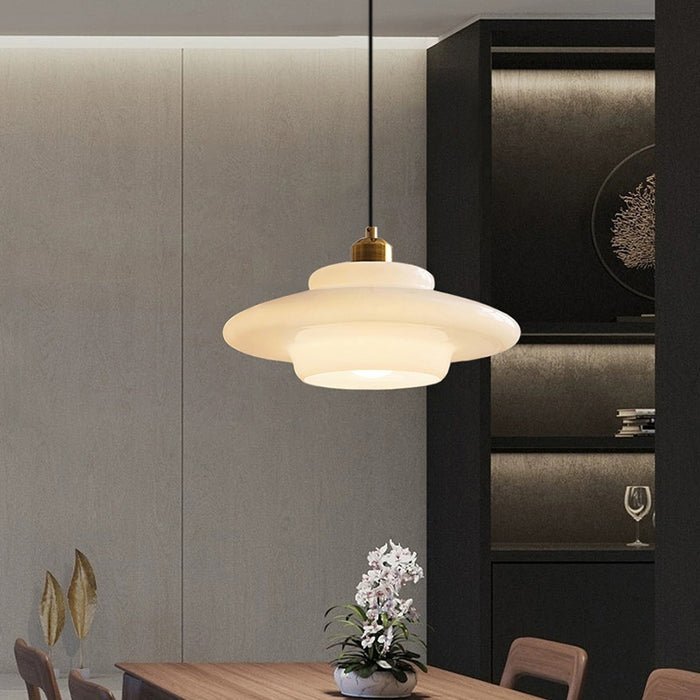 White Glass Pendant Light | Modern Mid Century Ceiling Lamp For Dining Rooms and Hallway Spaces
