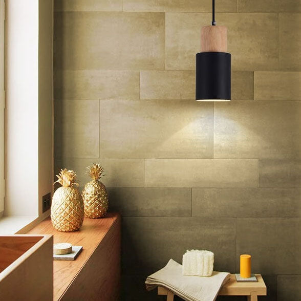 Nordic Macaron Cylinder Pendant Light | Modern Wood And Metal Design In Five Gentle Colours