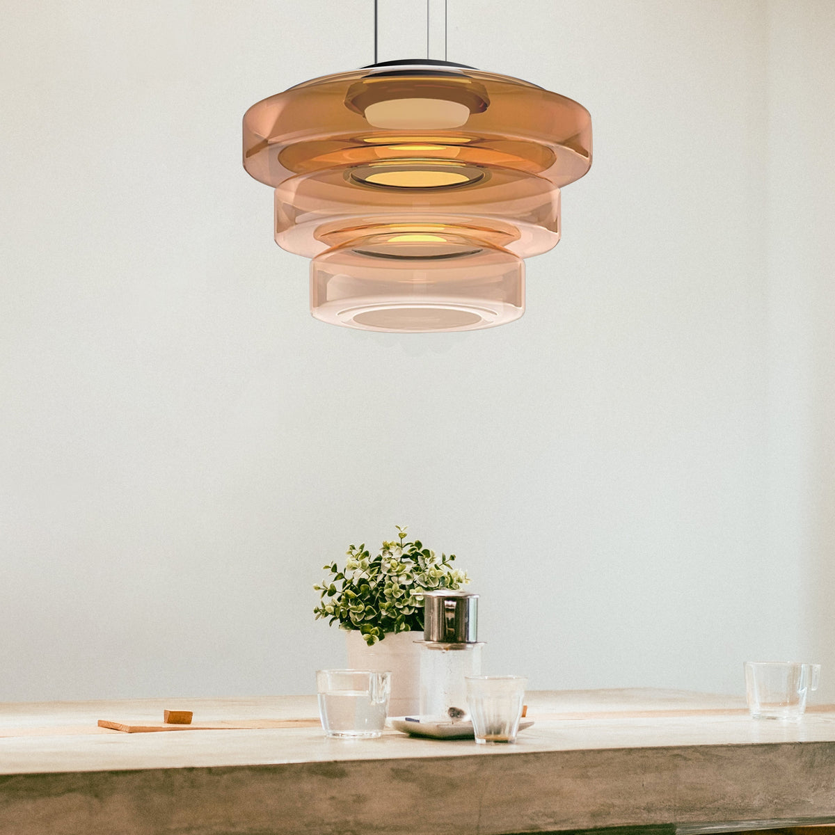 Bauhaus Glass Pendant Light | Modern Layered LED Hanging Lamp In Three Tinted Glass Colours