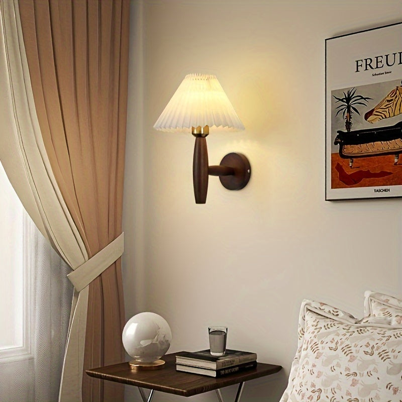 Nordic Wooden Wall Sconce | Retro Bedside Wall Lamp With Pleated Fabric Shade For Bedrooms